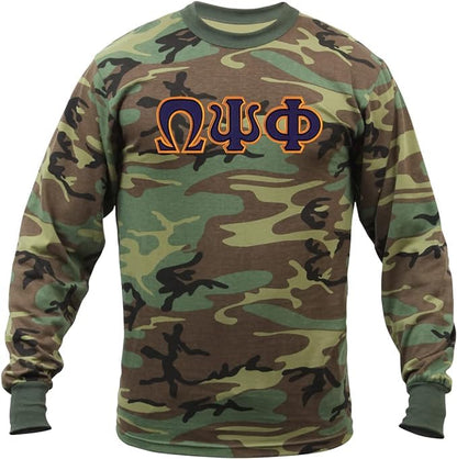 Omega Psi Phi Embroidered Twill Letter Long Sleeve Camouflage T Shirt