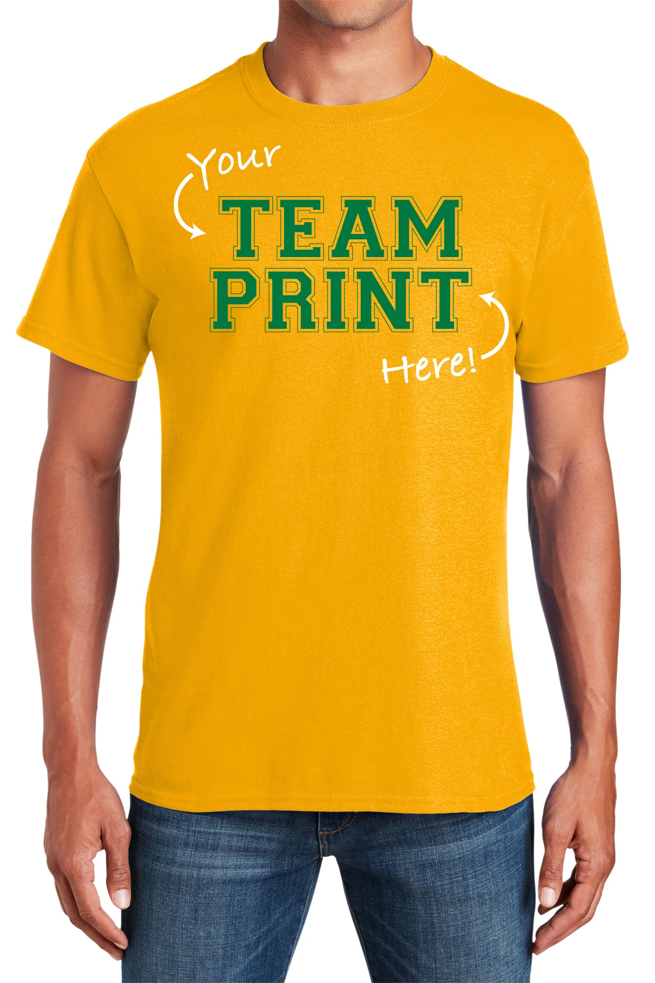 Custom Team/Mascot Print Short Sleeve Cotton T-Shirt – Gold/Green