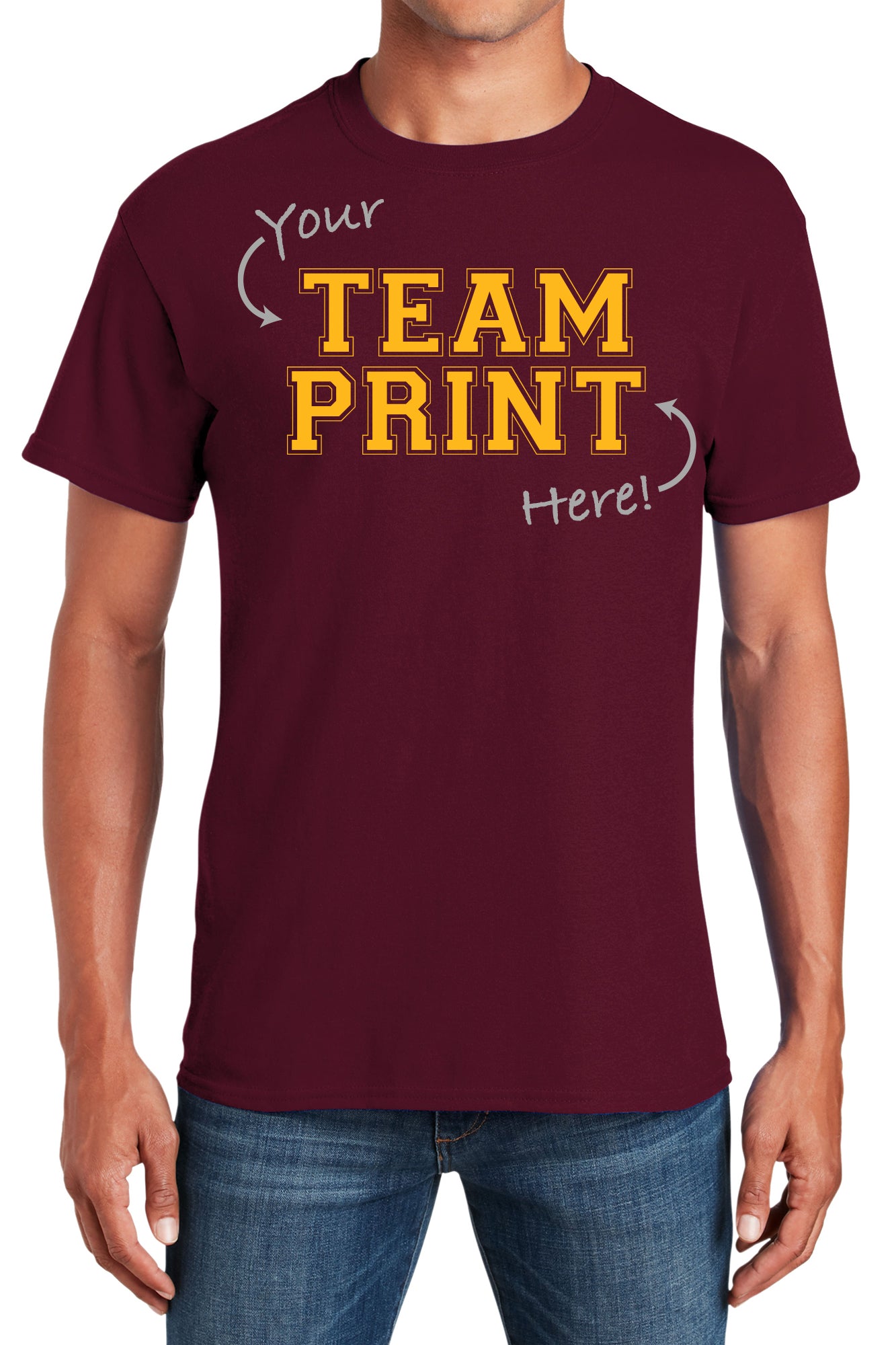 Custom Team/Mascot Print Short Sleeve Cotton T-Shirt - Maroon/Gold