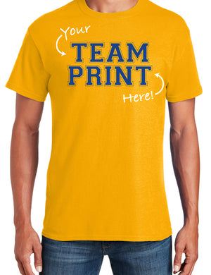 Custom Team/Mascot Print Short Sleeve Cotton T-Shirt – Gold/Blue