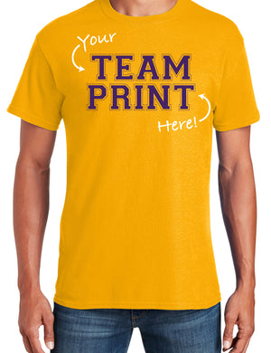 Custom Team/Mascot Print Short Sleeve Cotton T-Shirt – Gold/Purple