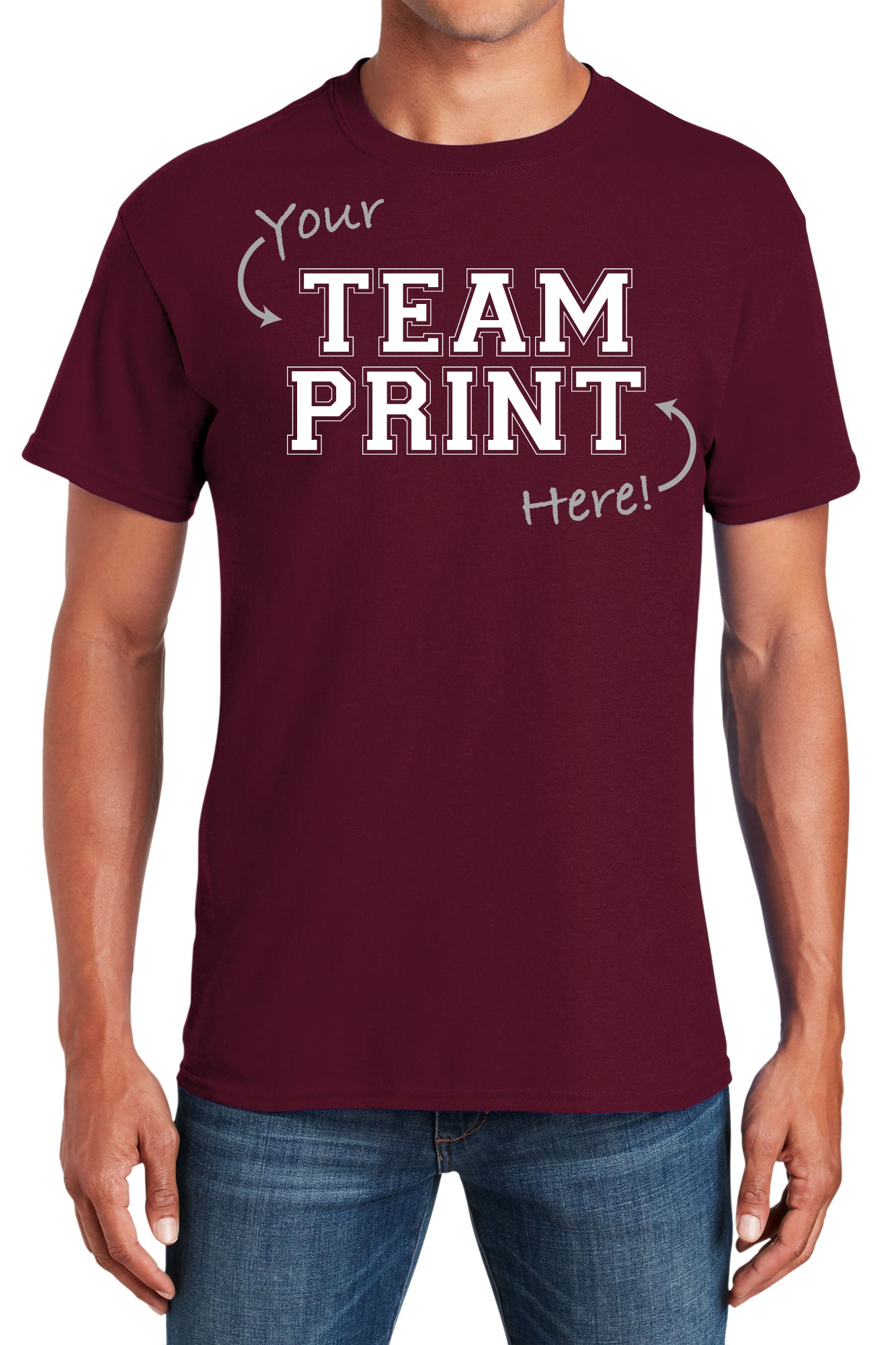 Custom Team/Mascot Print Short Sleeve Cotton T-Shirt – White/Maroon