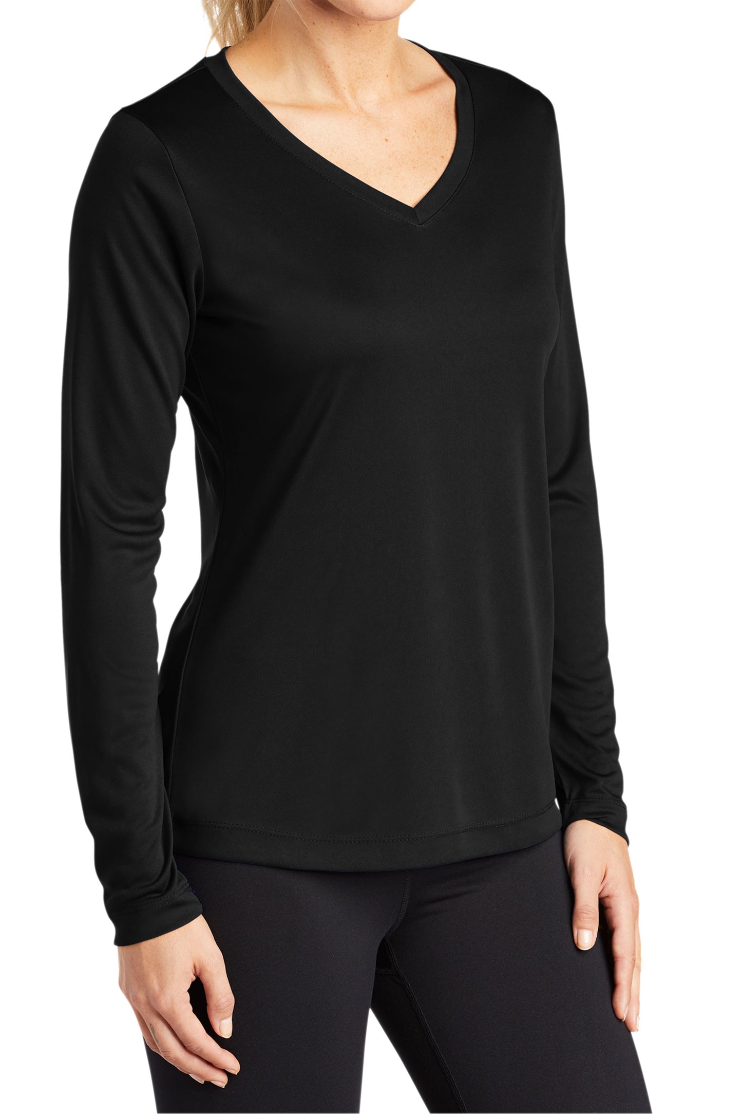 TCTG Womens Athletic Wicking Long Sleeve V-Neck Tee – College, Sports, High School & Fan Apparel - Black