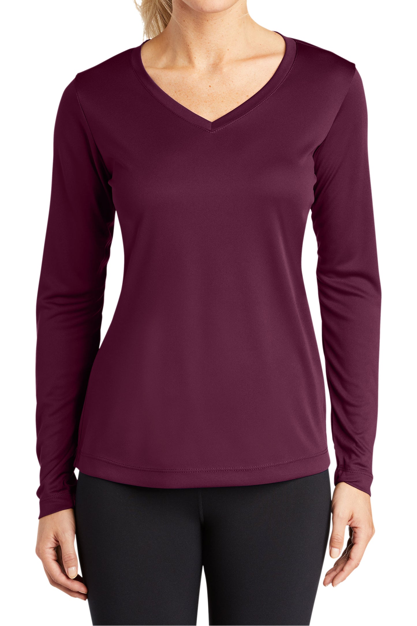 TCTG Womens Athletic Wicking Long Sleeve V-Neck Tee – College, Sports, High School & Fan Apparel - Maroon