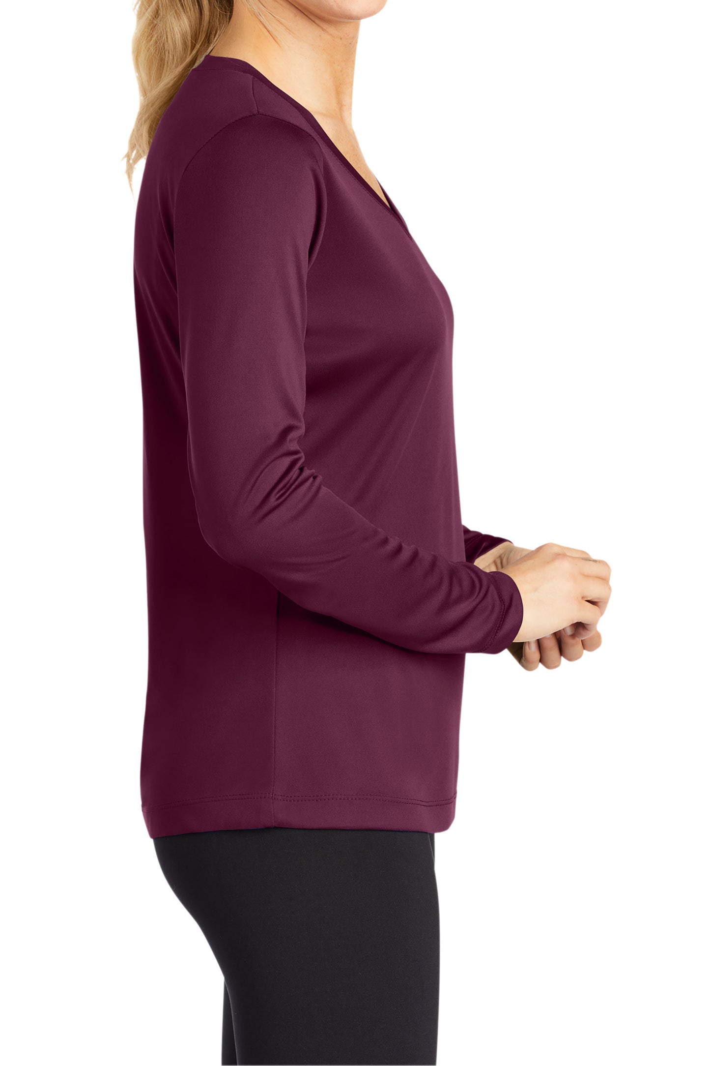 TCTG Womens Athletic Wicking Long Sleeve V-Neck Tee – College, Sports, High School & Fan Apparel - Maroon