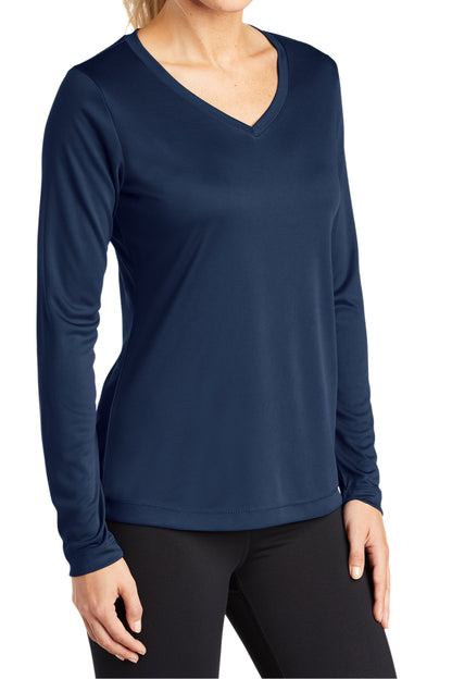 TCTG Womens Athletic Wicking Long Sleeve V-Neck Tee – College, Sports, High School & Fan Apparel - Navy