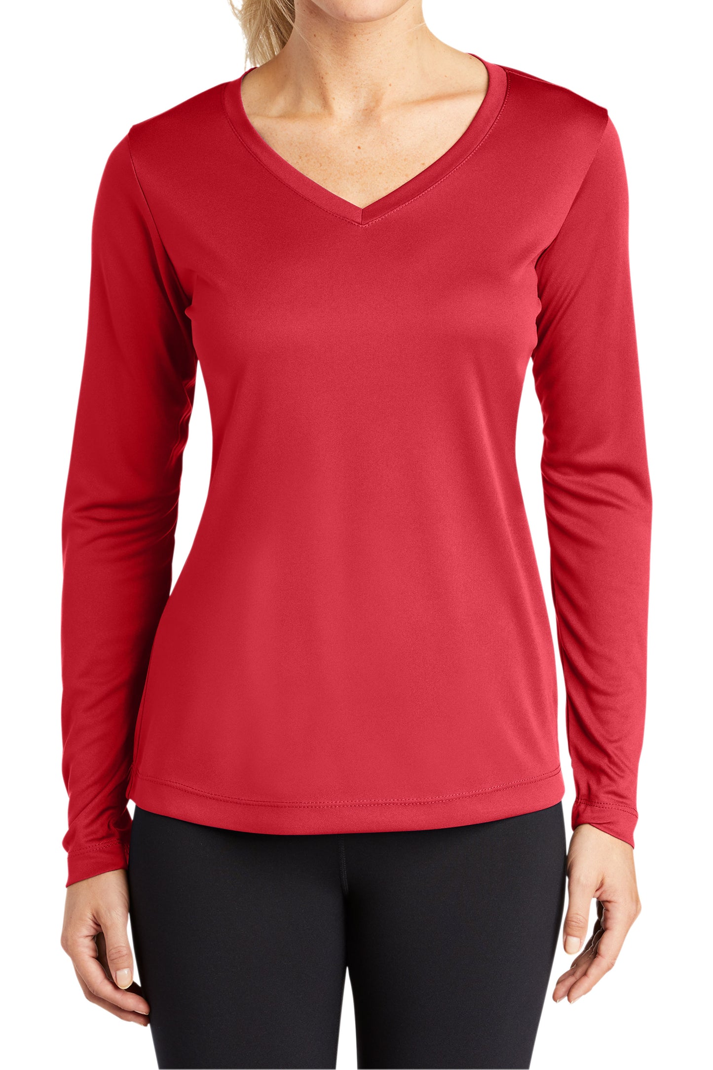 TCTG Womens Athletic Wicking Long Sleeve V-Neck Tee – College, Sports, High School & Fan Apparel - Red