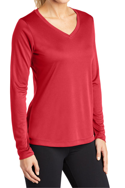 TCTG Womens Athletic Wicking Long Sleeve V-Neck Tee – College, Sports, High School & Fan Apparel - Red