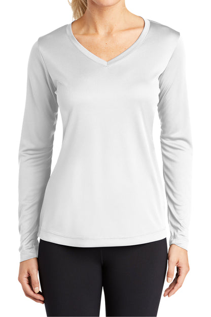 TCTG Womens Athletic Wicking Long Sleeve V-Neck Tee – College, Sports, High School & Fan Apparel - White