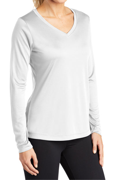 TCTG Womens Athletic Wicking Long Sleeve V-Neck Tee – College, Sports, High School & Fan Apparel - White