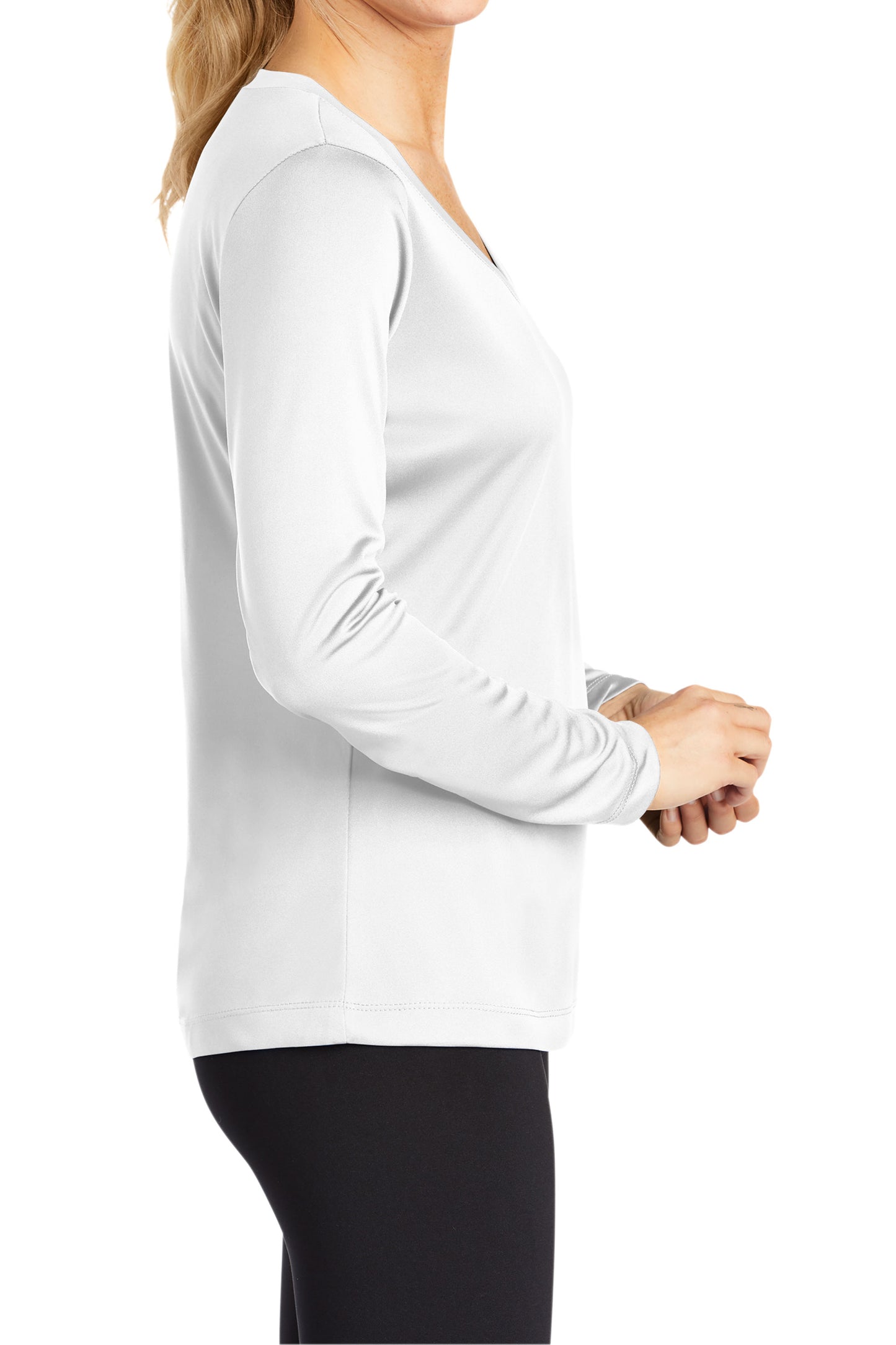 TCTG Womens Athletic Wicking Long Sleeve V-Neck Tee – College, Sports, High School & Fan Apparel - White