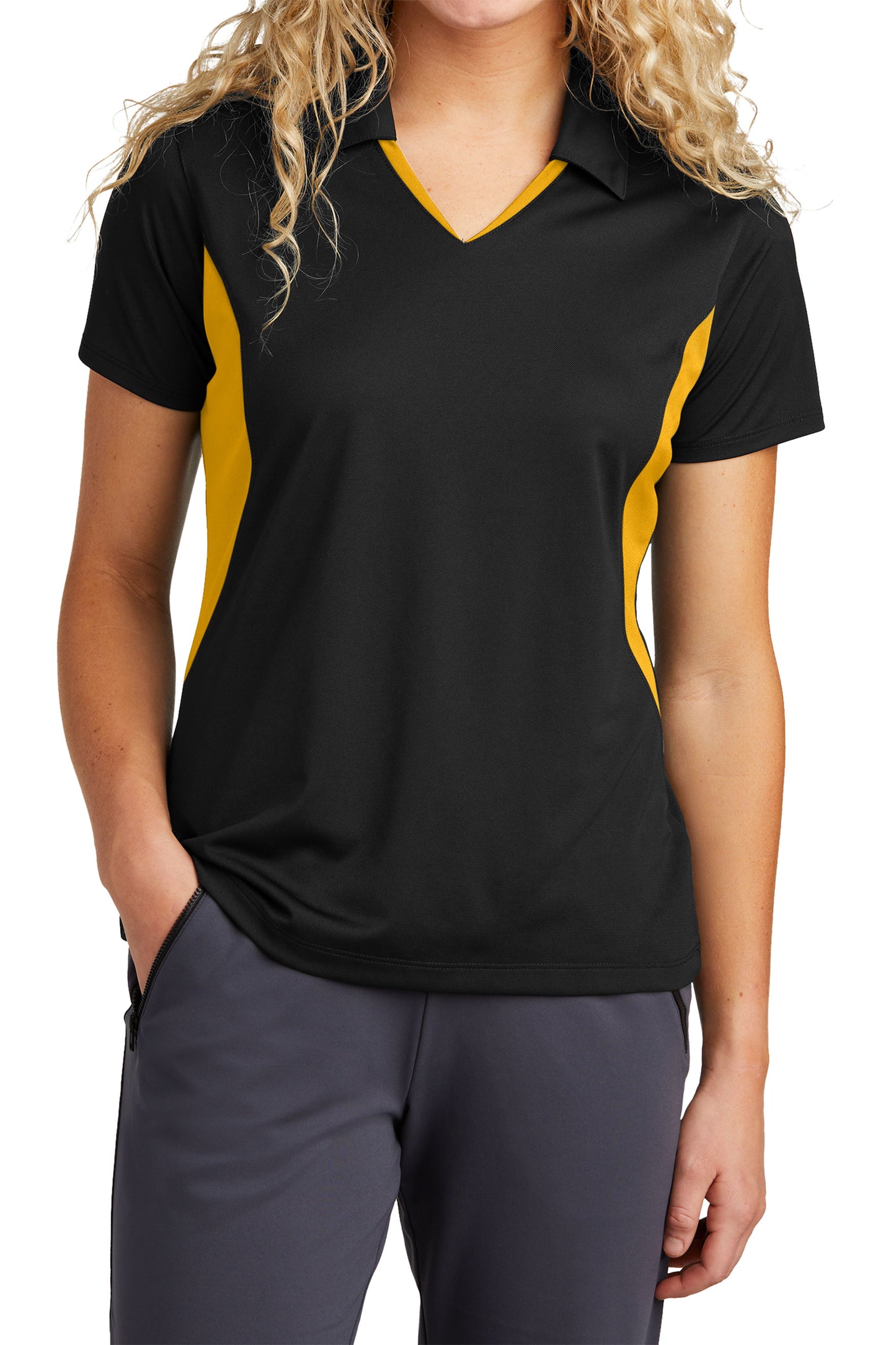 TCTG Team Spirit Ladies Wicking Colorblock Polo – College, Sports, High School & Fan Apparel - Black/ Gold