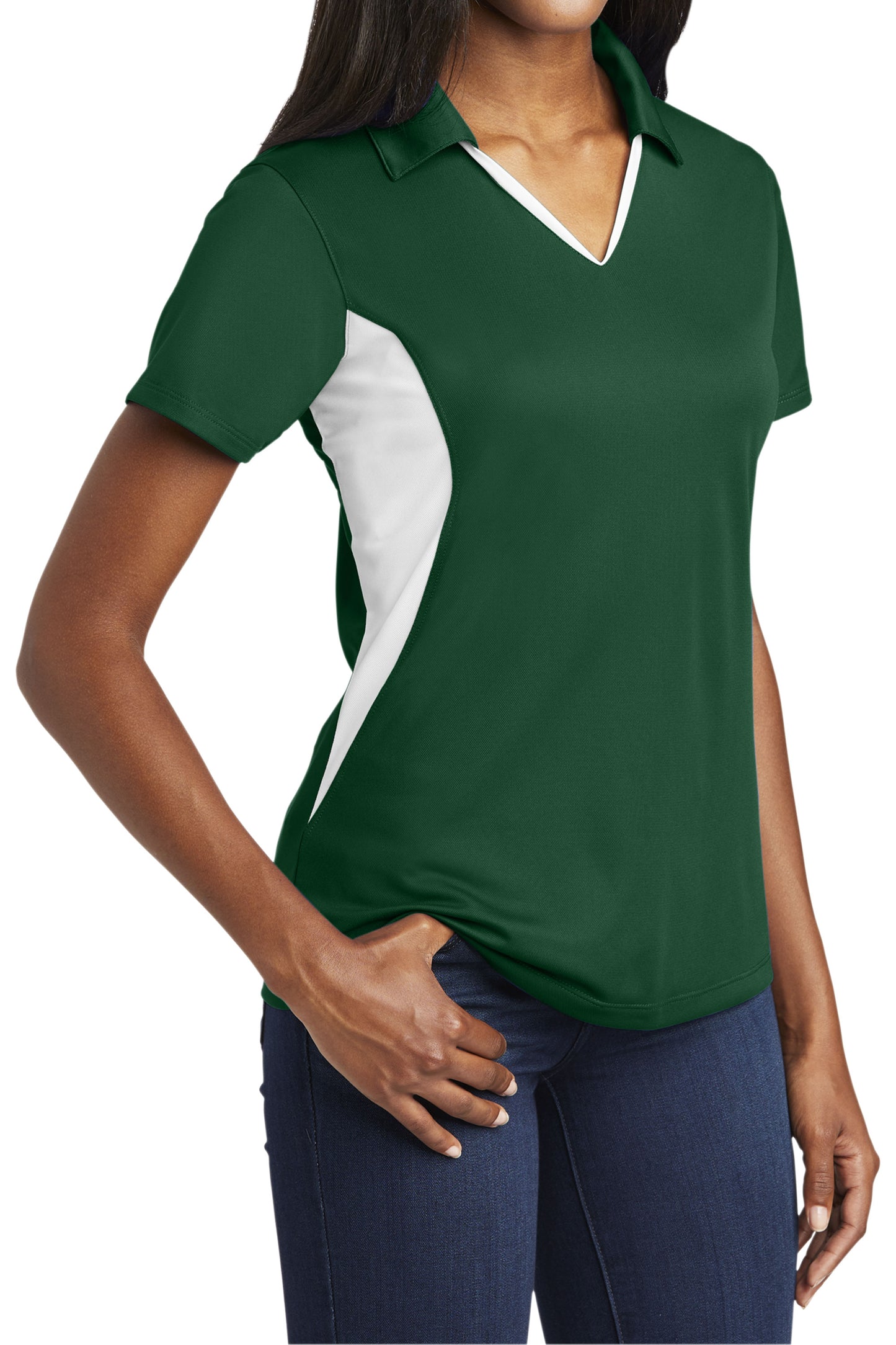 TCTG Team Spirit Ladies Wicking Colorblock Polo – College, Sports, High School & Fan Apparel - Forest Green/ White