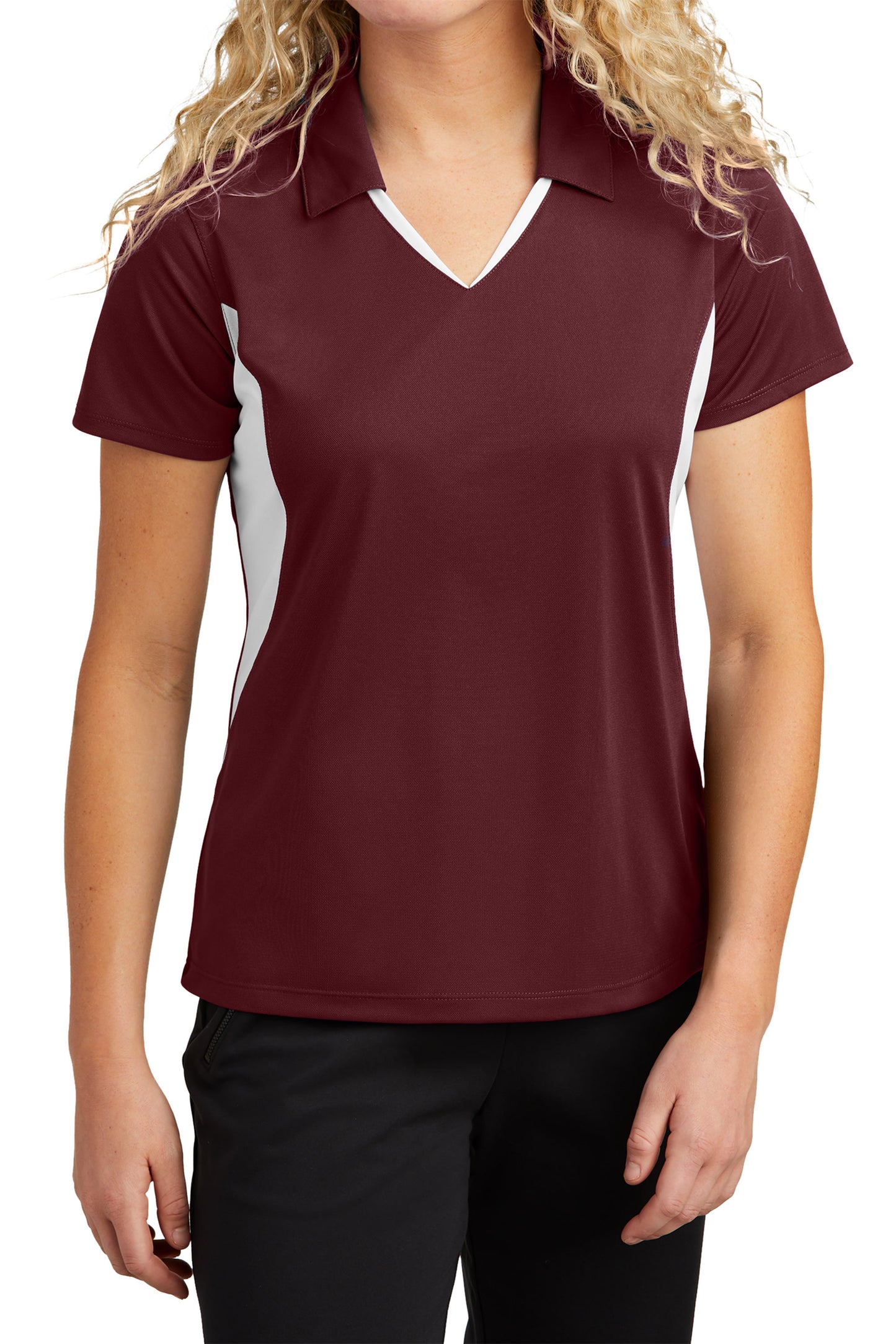 TCTG Team Spirit Ladies Wicking Colorblock Polo – College, Sports, High School & Fan Apparel - Maroon/ White