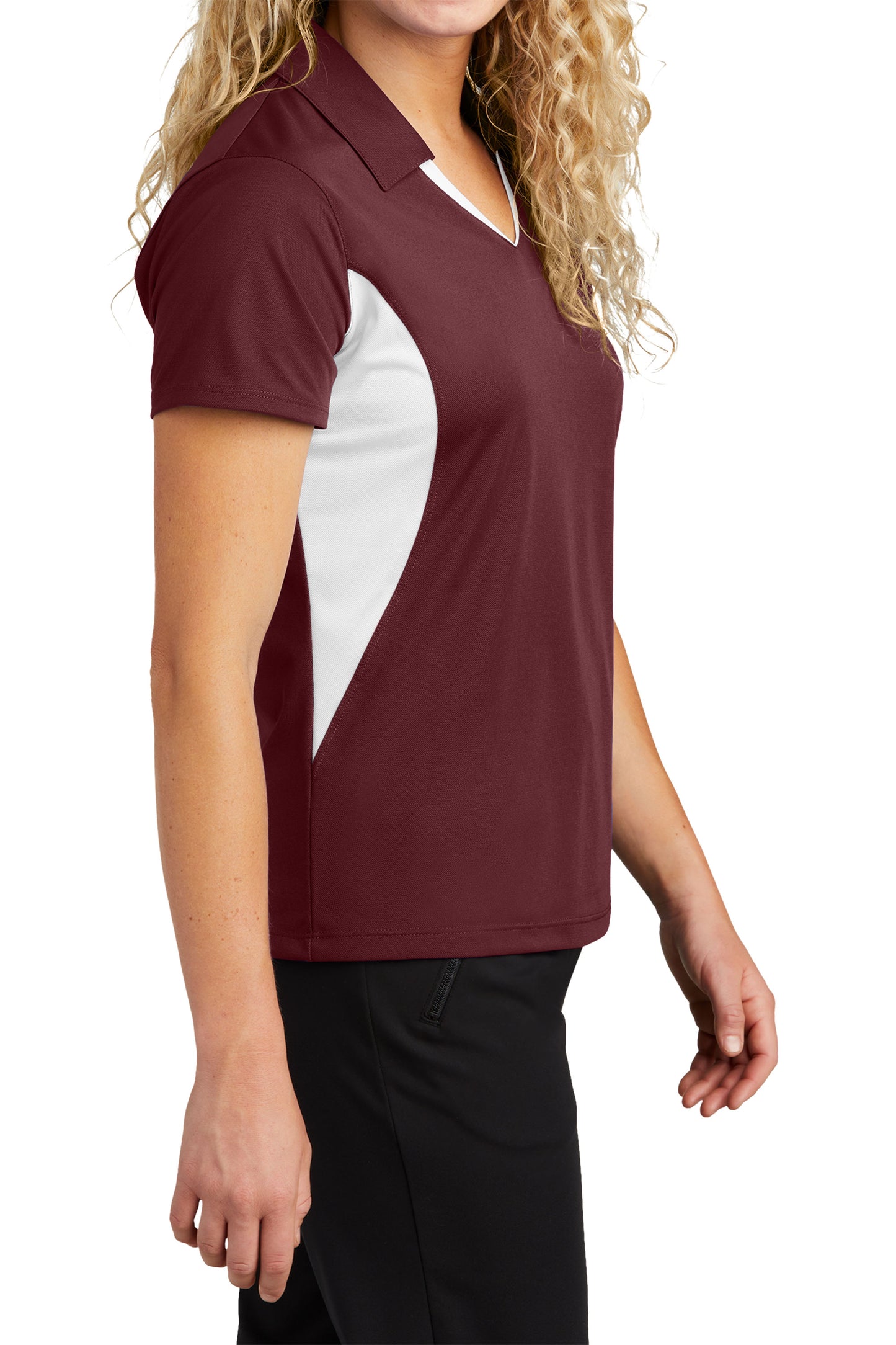 TCTG Team Spirit Ladies Wicking Colorblock Polo – College, Sports, High School & Fan Apparel - Maroon/ White