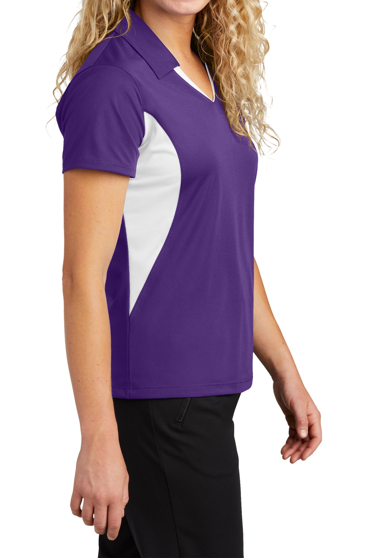 TCTG Team Spirit Ladies Wicking Colorblock Polo – College, Sports, High School & Fan Apparel - Purple/ White