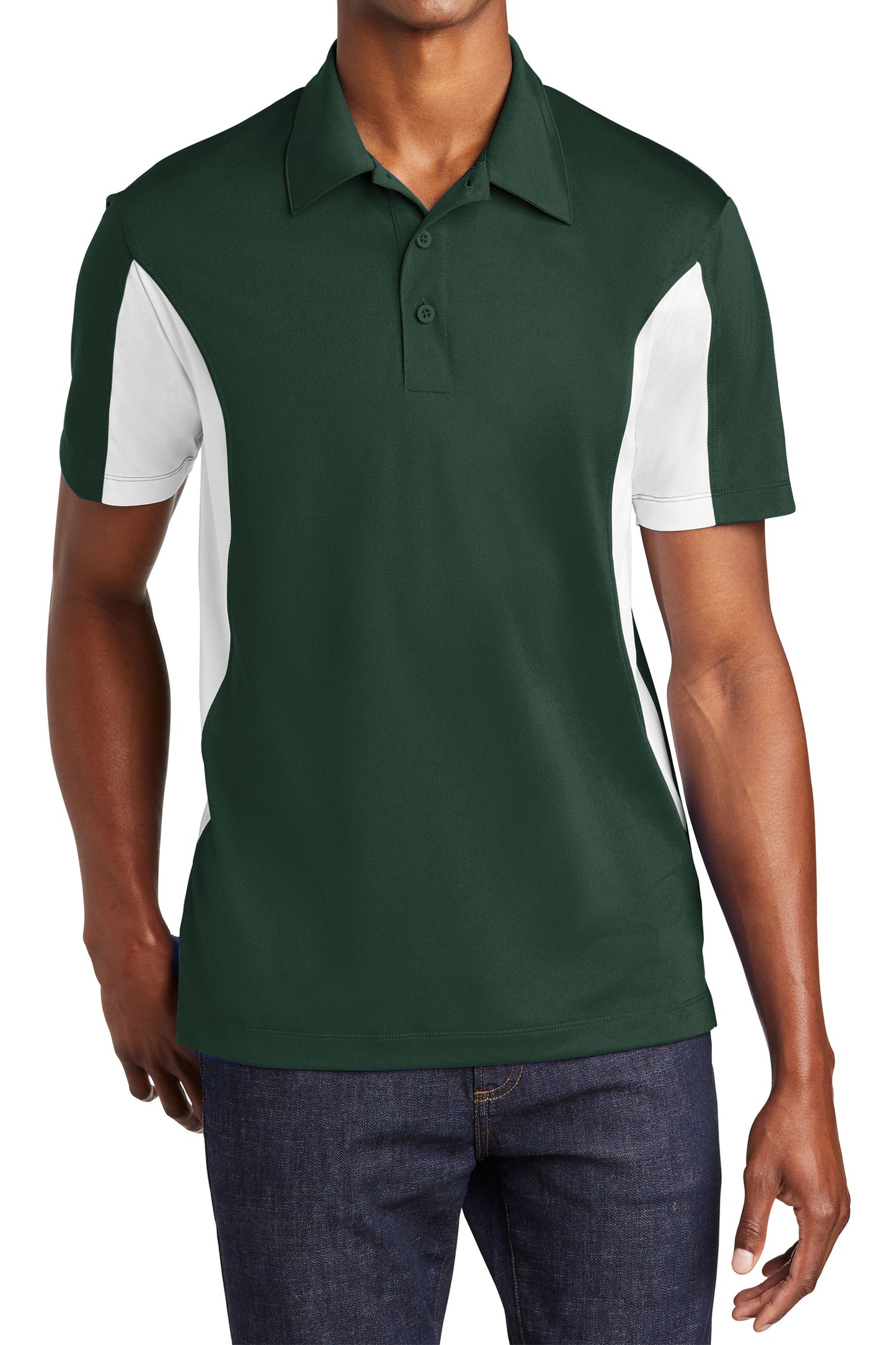 TCTG Team Spirit Athletic Wicking Colorblock Polo – College, Sports, High School & Fan Apparel - Forest Green/ White